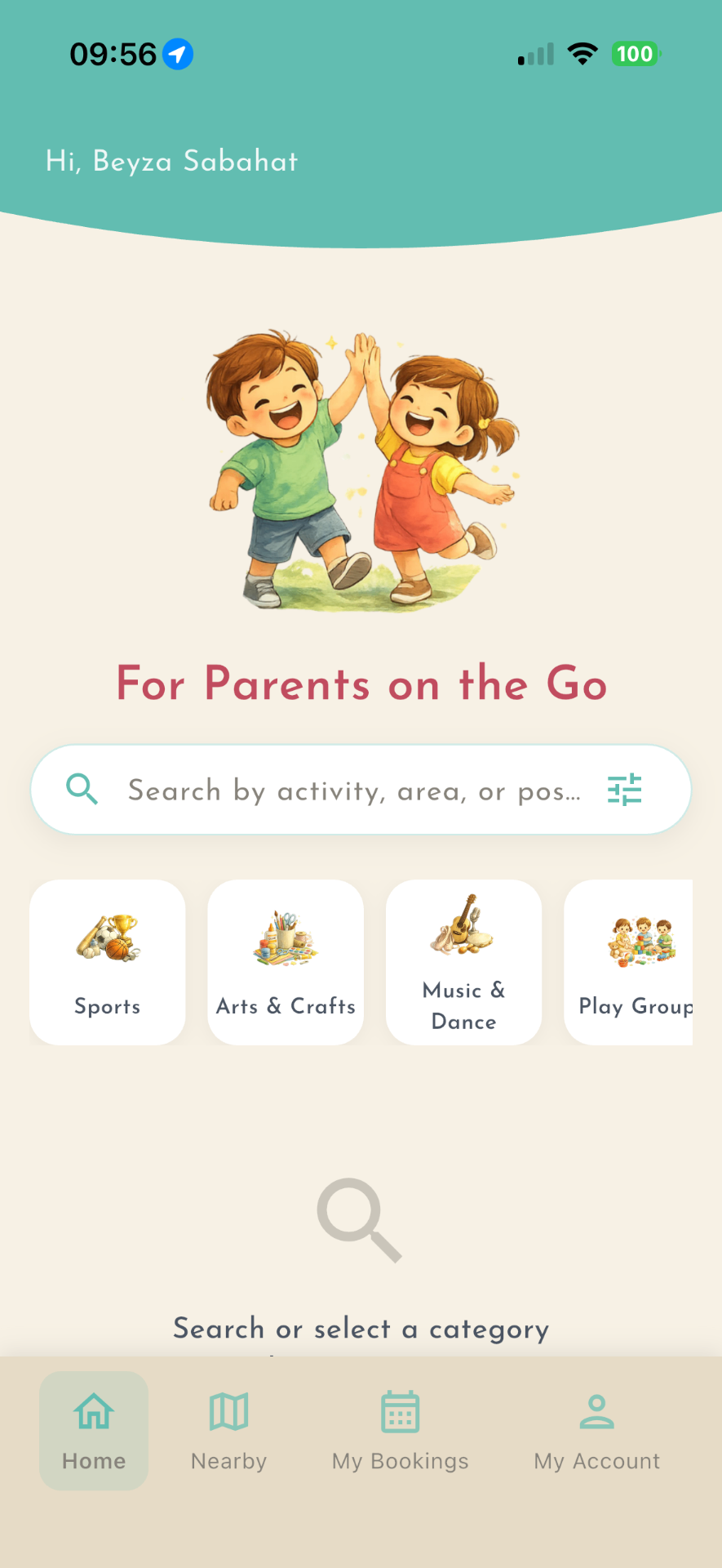 ParentGo mobile app home screen
