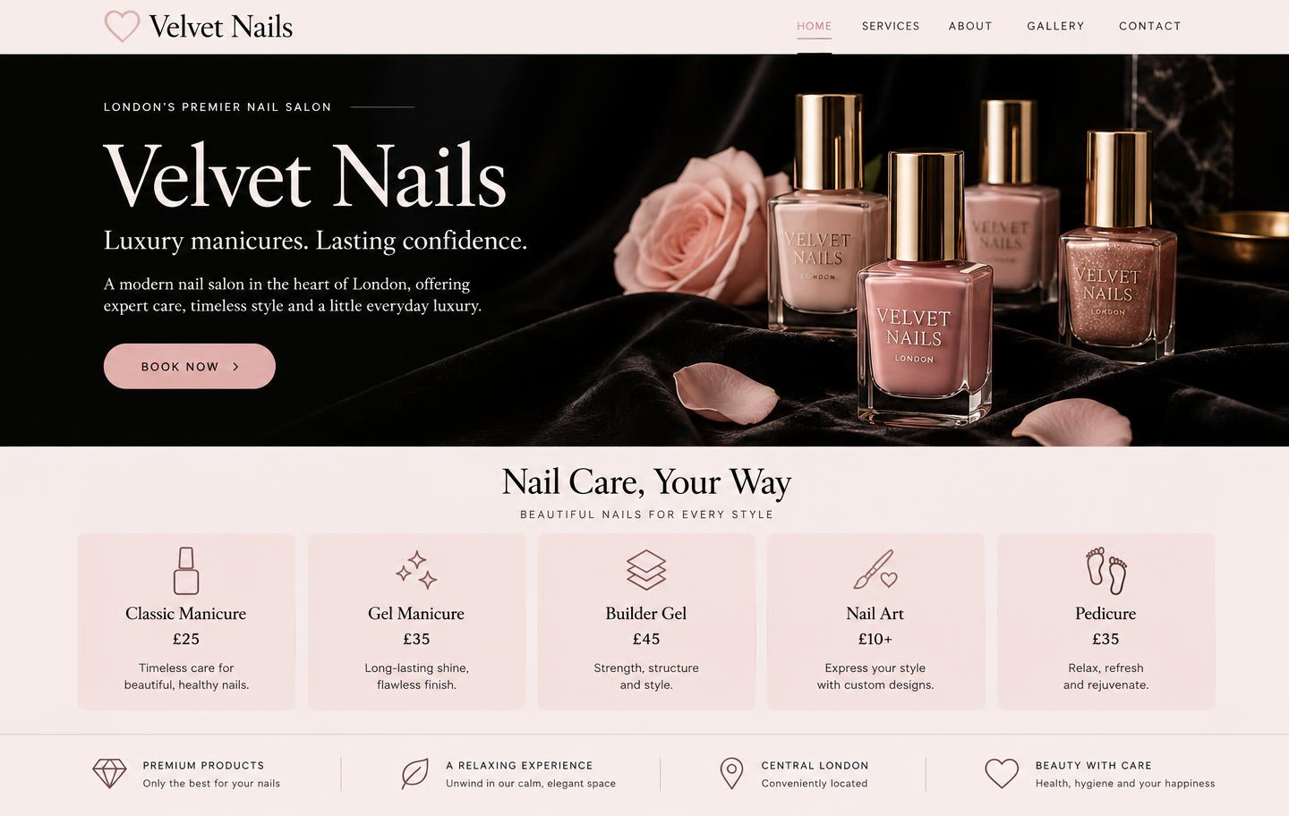 Velvet Nails, a sample design, not client work, by Leo Digital